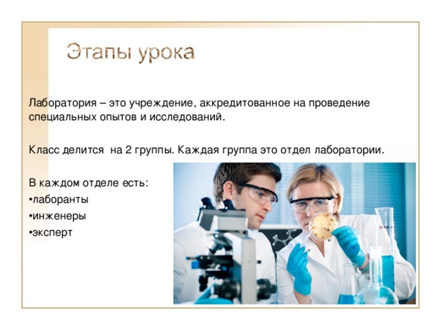 Лаборатория – это учреждение, аккредитованное на проведение специальных опытов и исследований. Класс делится на 2 группы. Каждая группа это отдел лаборатории. В каждом отделе есть: лаборанты инженеры эксперт 