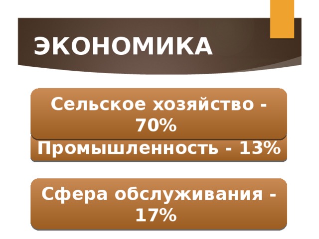 ЭКОНОМИКА Сельское хозяйство - 70% Промышленность - 13% Сфера обслуживания - 17% 