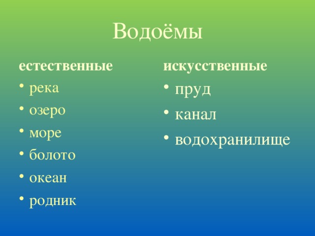 Водоемы естественные и искусственные схема