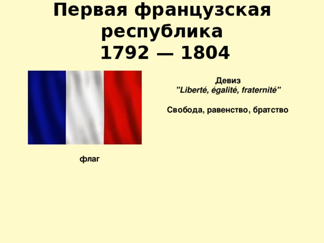 Первая французская республика  1792 — 1804 Девиз  
