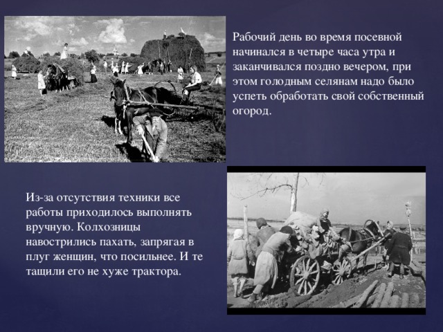 Рабочий день во время посевной начинался в четыре часа утра и заканчивался поздно вечером, при этом голодным селянам надо было успеть обработать свой собственный огород. Из-за отсутствия техники все работы приходилось выполнять вручную. Колхозницы навострились пахать, запрягая в плуг женщин, что посильнее. И те тащили его не хуже трактора. 