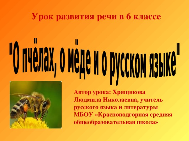 Урок развития речи в 6 классе Автор урока: Хрящикова Людмила Николаевна, учитель русского языка и литературы МБОУ «Красноподгорная средняя общеобразовательная школа» 