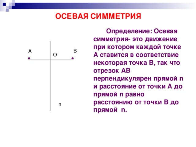 ОСЕВАЯ СИММЕТРИЯ  Определение: Осевая симметрия- это движение при котором каждой точке А ставится в соответствие некоторая точка В, так что отрезок АВ перпендикулярен прямой n и расстояние от точки А до прямой n равно расстоянию от точки В до прямой n .  B A O n 
