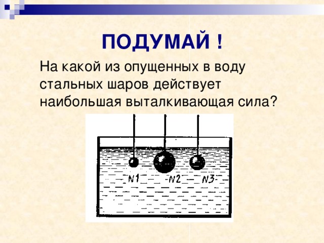 ПОДУМАЙ !  На какой из опущенных в воду стальных шаров действует наибольшая выталкивающая сила? 