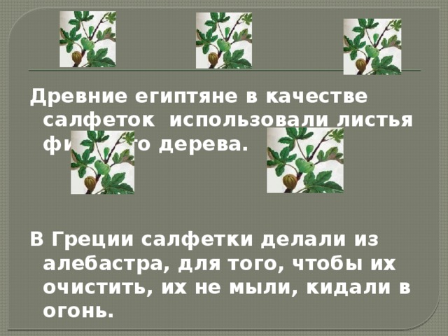 Древние египтяне в качестве салфеток использовали листья фигового дерева.    В Греции салфетки делали из алебастра, для того, чтобы их очистить, их не мыли, кидали в огонь. 