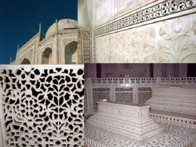 Стены Тадж-Махала выложены белым полированным мрамором с инкрустацией из самоцветов. Фантастический архитектурный образ Тадж-Махала ставит его в один ряд с лучшими памятниками средневековой Индии. 