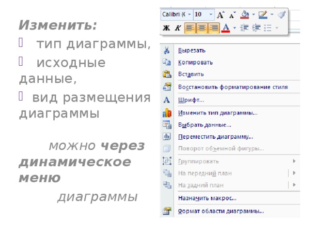 Изменить:  тип диаграммы,  исходные данные,  вид размещения диаграммы    можно через динамическое меню  диаграммы 
