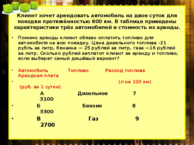 Двое суток. Клиент хочет арендовать автомобиль на сутки. Клиент хочет арендовать автомобиль на сутки для поездки на 500 км. Клиент хочет арендовать. Характеристики приведены в таблице.