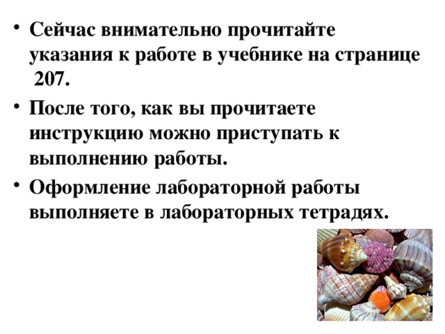 Сейчас внимательно прочитайте указания к работе в учебнике на странице 207. После того, как вы прочитаете инструкцию можно приступать к выполнению работы. Оформление лабораторной работы выполняете в лабораторных тетрадях. 