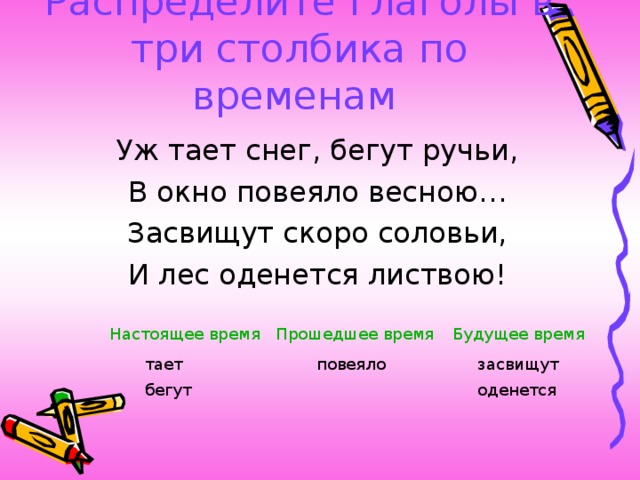 Три столбика. Глагол таять в прошедшем времени. Таять прошедшее время. Будущее время глагола таять. Повеяло время глагола.