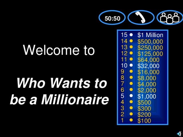 50:50 15 $1 Million 14 $500,000 Welcome to    Who Wants to be a Millionaire 13 $250,000 12 $125,000 11 $64,000 10 $32,000 9 $16,000 8 $8,000 7 $4,000 6 $2,000 5 $1,000 4 $500 3 $300 2 $200 1 $100 