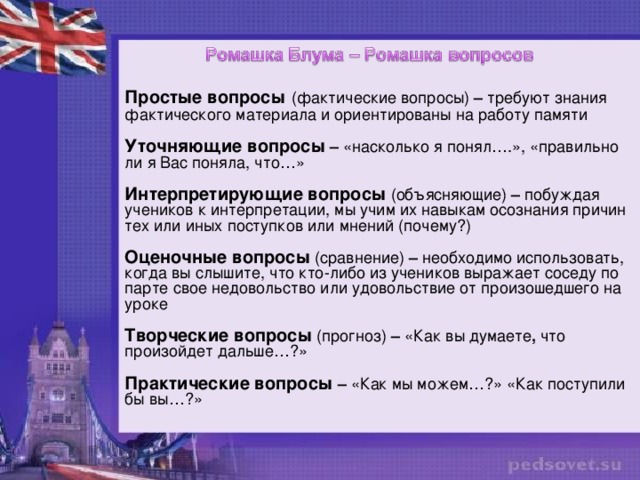 Простые вопросы  (фактические вопросы) – требуют знания фактического материала и ориентированы на работу памяти Уточняющие вопросы  – «насколько я понял….», «правильно ли я Вас поняла, что…» Интерпретирующие  вопросы (объясняющие) –  побуждая учеников к интерпретации, мы учим их навыкам осознания причин тех или иных поступков или мнений (почему?) Оценочные вопросы  (сравнение) – необходимо использовать, когда вы слышите, что кто-либо из учеников выражает соседу по парте свое недовольство или удовольствие от произошедшего на уроке  Творческие вопросы  (прогноз) – «Как вы думаете , что произойдет дальше…?»  Практические вопросы – «Как мы можем…?» «Как поступили бы вы…?» 