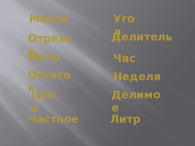 Масса Угол Делитель Отрезок Метр Час Остаток Неделя Цена Делимое Частное Литр 