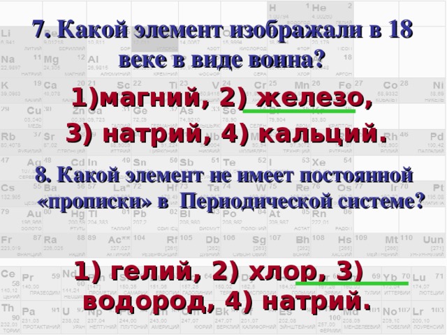 7. Какой элемент изображали в 18 веке в виде воина? магний, 2) железо,  3) натрий, 4) кальций. 8. Какой элемент не имеет постоянной «прописки» в Периодической системе? Кликом мышки вызывается седьмой вопрос с вариантами ответов.  В течении 30с пары должны дать письменный ответ членам жюри. После сданных ответов по щелчку мышки показать правильный ответ. Кликом мышки вызывается восьмой вопрос с вариантами ответов.  В течении 30с пары должны дать письменный ответ членам жюри. После сданных ответов по щелчку мышки показать правильный ответ. Жюри подводит итоги и по результатам шесть пар переходят во второй тур. Если не удаётся определить шесть пар, то можно задать дополнительный вопрос. 1) гелий, 2) хлор, 3) водород, 4) натрий.  