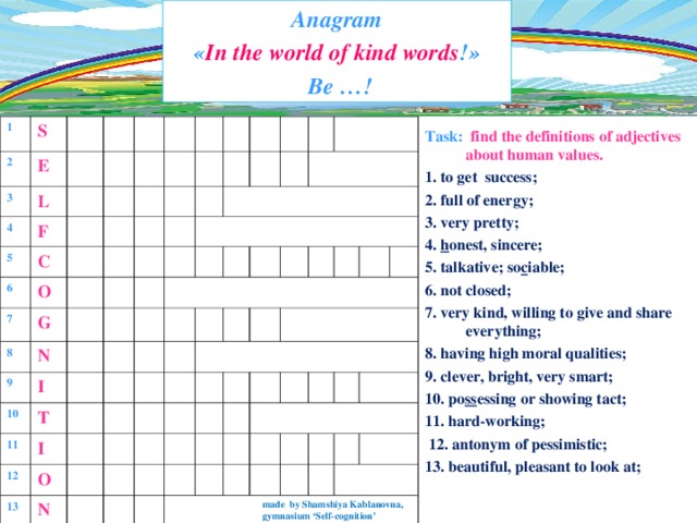 Anagram  « In the world of kind words ! »   Be  …! 1 S 2 E 3 4 L F 5 C 6 O 7 G 8 N 9 I 10 T 11 I 12 O 13 N Task:  find the definitions of adjectives about human v alues . 1. to get success; 2. full of energy; 3. very pretty; 4. h onest, sincere; 5. talkative; so c iable; 6. not closed; 7. very kind, willing to give and share everything; 8. having high moral qualities; 9. clever, bright, very smart; 10. po ss essing or showing tact; 11. hard-working;  12. antonym of pessimistic; 13. beautiful, pleasant to look at; made by Shamshiya Kablanovna, gymnasium ‘Self-cognition’ 