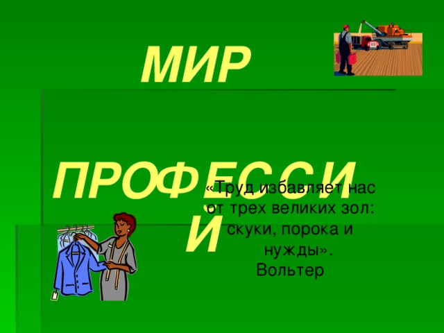МИР  ПРОФЕССИЙ «Труд избавляет нас от трех великих зол: скуки, порока и нужды». Вольтер 