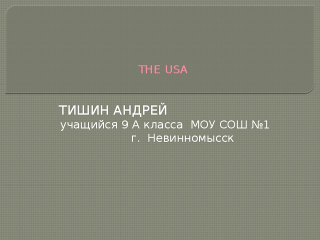       THE USA   ТИШИН АНДРЕЙ учащийся 9 А класса МОУ СОШ №1 г. Невинномысск 