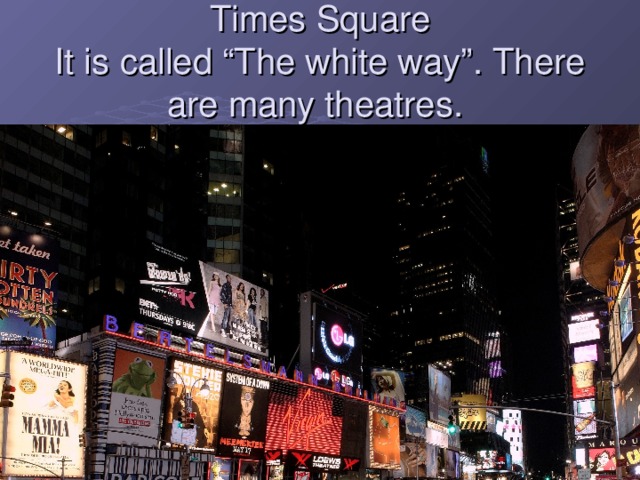 Times Square  It is called “The white way”. There are many theatres.  