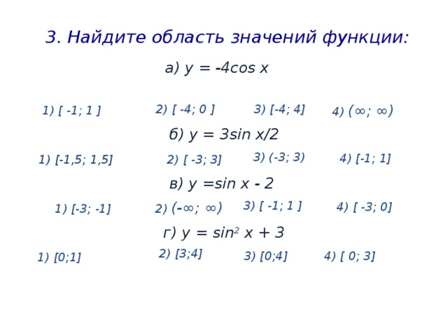 3. Найдите область значений функции: а) у = -4cos x 2) [ -4; 0 ] 3) [-4; 4] 4) (∞; ∞) 1) [ -1; 1 ] б) y = 3sin х/2 3) (-3; 3) 4) [-1; 1] 2) [ -3; 3] 1) [-1,5; 1,5] в) у =sin x - 2 3) [ -1; 1 ] 2) (-∞; ∞) 4) [ -3; 0] 1) [-3; -1] г) y = sin 2 x + 3 2) [3;4] 3) [0;4] 4) [ 0; 3] 1) [0;1] 