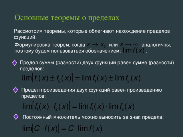 Предел постоянной. Теорема о пределе суммы. Теорема о пределе произведения. Теорема о пределе суммы двух функций. Теорема о пределе произведения двух функций.