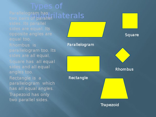 Types of quadrilaterals Parallelogram Parallelogram has two pairs of parallel sides. Its parallel sides are equal. Its opposite angles are equal too. Rhombus is parallelogram too. Its sides are all equal. Square has all equal sides and all equal angles too. Rectangle is a parallelogram which has all equal angles. Trapezoid has only two parallel sides. Square Rhombus Rectangle Trapezoid 