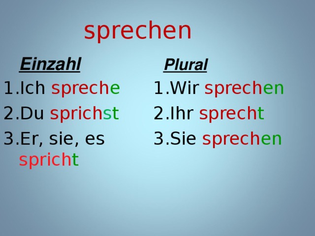 11 iches. Спряжение sprechen в немецком языке. Спряжение глагола sprechen в немецком. Склонение sprechen в немецком языке. Проспрягать глагол sprechen.