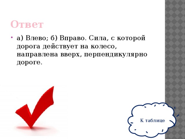 Ответ а) Влево; б) Вправо. Сила, с которой дорога действует на колесо, направлена вверх, перпендикулярно дороге. К таблице 