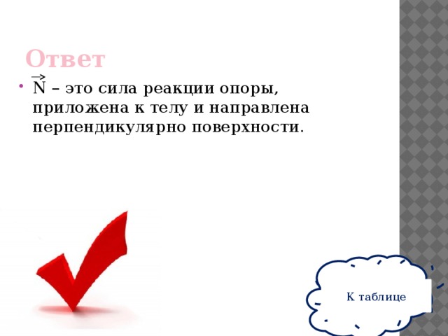 Ответ N – это сила реакции опоры, приложена к телу и направлена перпендикулярно поверхности. К таблице 