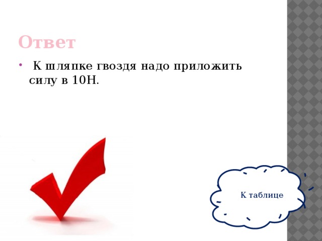 Ответ  К шляпке гвоздя надо приложить силу в 10Н. К таблице 