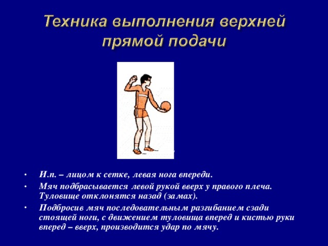 И.п. – лицом к сетке, левая нога впереди. Мяч подбрасывается левой рукой вверх у правого плеча. Туловище отклонятся назад (замах). Подбросив мяч последовательным разгибанием сзади стоящей ноги, с движением туловища вперед и кистью руки вперед – вверх, производится удар по мячу.  