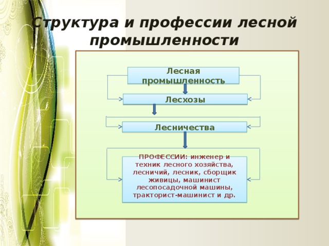 Структура и профессии лесной промышленности Лесная промышленность Лесхозы Лесничества ПРОФЕССИИ: инженер и техник лесного хозяйства, лесничий, лесник, сборщик живицы, машинист лесопосадочной машины, тракторист-машинист и др.  