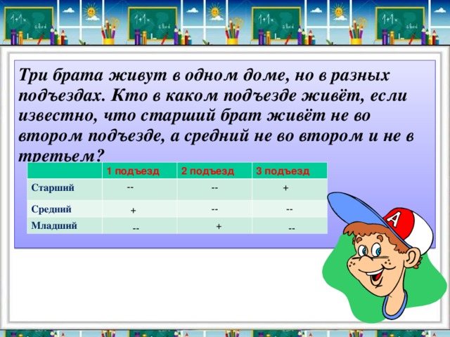 Известно что ем. 3 Брата живут в 1 доме но в разных подъездах. 2 Братца живут в одном доме. Задача в третьем подъезде. В каком он подъезде живет.