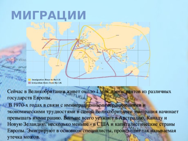 Миграции Сейчас в Великобритании живет около 1 млн. иммигрантов из различных государств Европы.  В 1970-х годах в связи с иммиграционными ограничениями и экономическими трудностями в самой Великобритании эмиграция начинает превышать иммиграцию. Больше всего уезжают в Австралию, Канаду и Новую Зеландию, несколько меньше - в США и капиталистические страны Европы. Эмигрируют в основном специалисты, происходит так называемая утечка мозгов. 