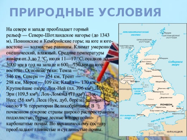 Природные условия На севере и западе преобладает горный рельеф — Северо-Шотландское нагорье (до 1343 м), Пеннинские и Кембрийские горы; на юге и юго-востоке — холмистые равнины. Климат умеренно океанический, влажный. Средние температуры января от 3 до 7 °C, июля 11—17 °C; осадков до 3000 мм в год на западе и 600—750 мм на юго-востоке. Основные реки: Темза — 346 км, Северн — 354 км, Трент — 298 км, Мерси — 109 км, Клайд — 170 км. Крупнейшие озёра: Лох-Ней (пл. 396 км²),Лох-Эрн (109,5 км²), Лох-Ломонд (71 км²), Лох-Несс (56 км²). Леса (бук, дуб, берёза) занимают около 9 % территории Великобритании. В почвенном покрове страны широко распространены подзолистые, бурые лесные и перегнойно-карбонатные почвы. По механическому составу преобладают глинистые и суглинистые почвы. 