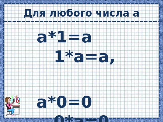 Для любого числа а а*1=а 1*а=а,  а*0=0 0*а=0. 