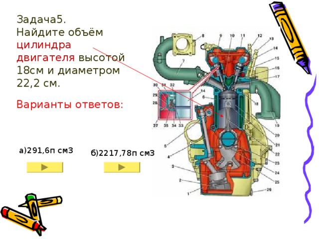 Задача5. Найдите объём цилиндра двигателя высотой 18см и диаметром 22,2 см. Варианты ответов: а)291,6п см3 б)2217,78п см3 