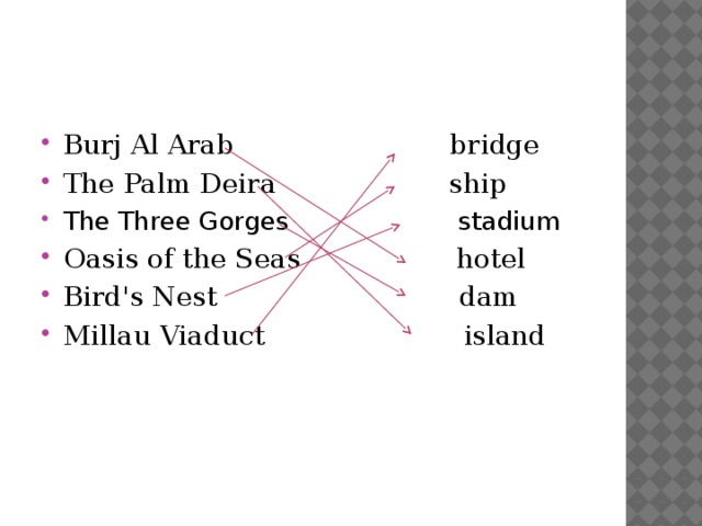 Burj Al Arab bridge The Palm Deira ship The Three Gorges stadium Oasis of the Seas hotel Bird's Nest dam Millau Viaduct island 