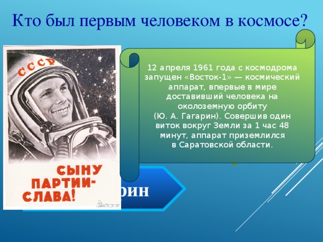 Кто был первым человеком в космосе? 12 апреля 1961 года с космодрома запущен «Восток-1» — космический аппарат, впервые в мире доставивший человека на околоземную орбиту (Ю. А. Гагарин). Совершив один виток вокруг Земли за 1 час 48 минут, аппарат приземлился в Саратовской области. В.Терешкова Г.Титов Ю.Гагарин 