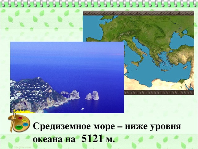 Средиземное море – ниже уровня океана на   5121 м. 