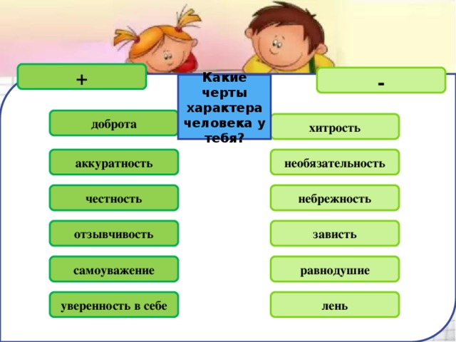 + - Какие черты характера человека у тебя? доброта хитрость аккуратность необязательность честность небрежность отзывчивость зависть самоуважение равнодушие уверенность в себе лень 