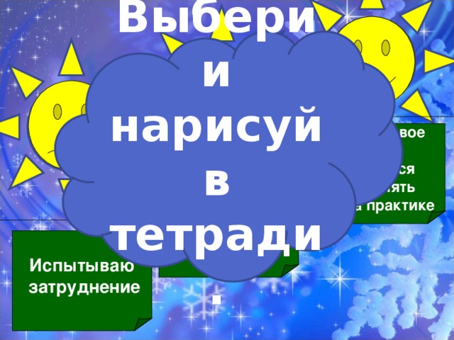 Выбери и нарисуй в тетради. Усвоил новое знание и научился применять его на практике Усвоил знание, но ещё нужна помощь Испытываю  затруднение 