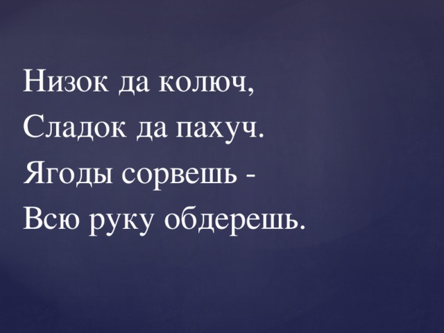 Низок да колюч,  Сладок да пахуч.  Ягоды сорвешь -  Всю руку обдерешь. 