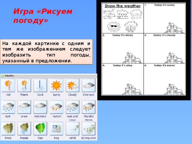 Игра «Рисуем погоду» На каждой картинке с одним и тем же изображением следует изобразить тип погоды, указанный в предложении. 