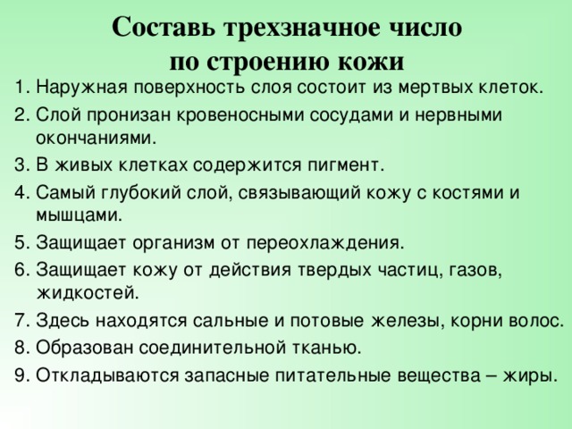 Составь трехзначное число  по строению кожи 1.  Наружная поверхность слоя состоит из мертвых клеток. 2. Слой пронизан кровеносными сосудами и нервными окончаниями. 3. В живых клетках содержится пигмент. 4. Самый глубокий слой, связывающий кожу с костями и мышцами. 5. Защищает организм от переохлаждения. 6. Защищает кожу от действия твердых частиц, газов, жидкостей. 7. Здесь находятся сальные и потовые железы, корни волос. 8. Образован соединительной тканью. 9. Откладываются запасные  питательные вещества – жиры. 