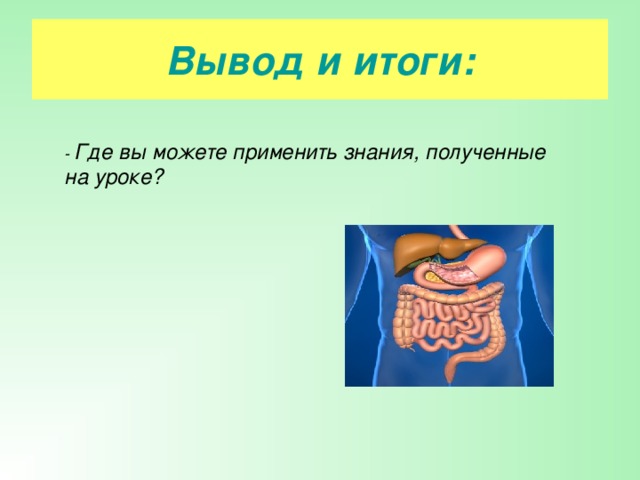 Вывод и итоги: - Где вы можете применить знания, полученные на уроке? 