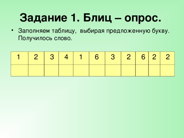 Задание 1. Блиц – опрос.  Заполняем таблицу, выбирая предложенную букву. Получилось слово.  1  2  3  4  1  6  3  2  6  2  2 