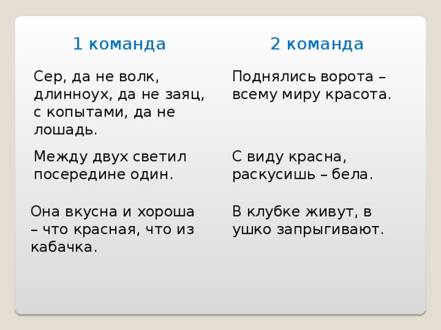 1 команда 2 команда Сер, да не волк, длинноух, да не заяц, с копытами, да не лошадь. Поднялись ворота – всему миру красота. Между двух светил посередине один. С виду красна, раскусишь – бела. Она вкусна и хороша – что красная, что из кабачка. В клубке живут, в ушко запрыгивают. 