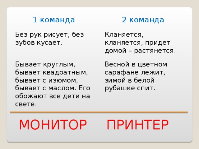 1 команда 2 команда Без рук рисует, без зубов кусает. Кланяется, кланяется, придет домой – растянется. Бывает круглым, бывает квадратным, бывает с изюмом, бывает с маслом. Его обожают все дети на свете. Весной в цветном сарафане лежит, зимой в белой рубашке спит. МОНИТОР ПРИНТЕР  