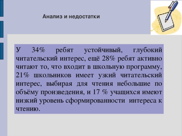 Анализ и недостатки У 34% ребят устойчивый, глубокий читательский интерес, ещё 28% ребят активно читают то, что входит в школьную программу, 21% школьников имеет узкий читательский интерес, выбирая для чтения небольшие по объёму произведения, и 17 % учащихся имеют низкий уровень сформированности интереса к чтению. 