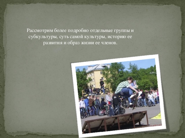 Рассмотрим более подробно отдельные группы и субкультуры, суть самой культуры, историю ее развития и образ жизни ее членов. 